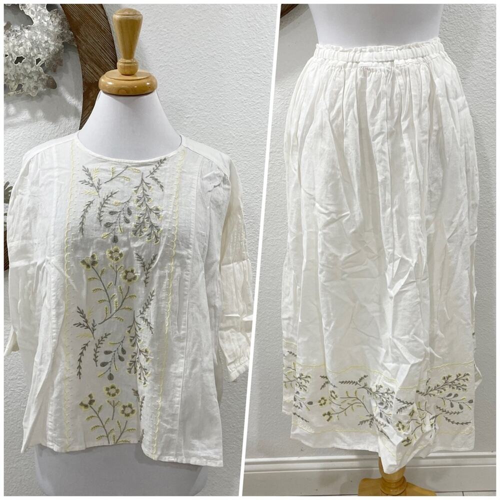 Samansa Mos2 Embroidered Linen Blend Peasant Blouse Maxi Skirt Set Off White